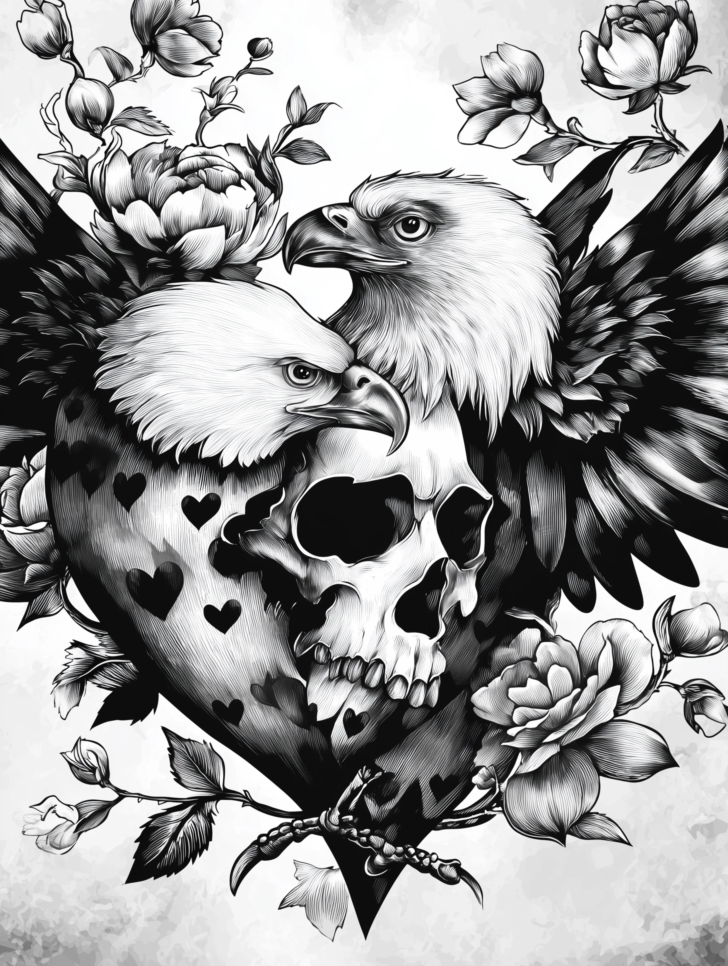 Free printable eagle coloring page for adults featuring eagles hugging a skull